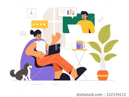 Remote Working Setup Vector Illustration of a Balanced Work Life Environment with Flextime, Emphasizing Flexibility and Productivity from the Home 122134212