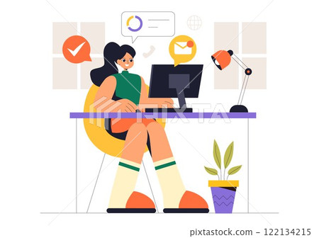 Remote Working Setup Vector Illustration of a Balanced Work Life Environment with Flextime, Emphasizing Flexibility and Productivity from the Home 122134215