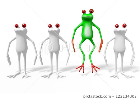 Four white and green cartoon frogs isolated on white background 122134302