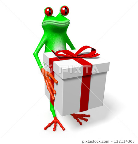 Cartoon frog holding gift box 122134303