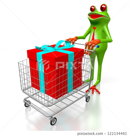 Cartoon frog and gift box in shopping cart Cartoon frog and gift box in shopping cart 122134491