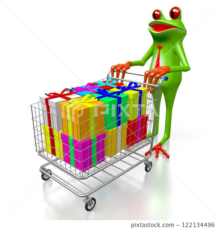 Cartoon frog and gift boxes in shopping cart Cartoon frog and gift boxes in shopping cart 122134496