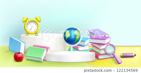 Round podium with school accessories 122134569