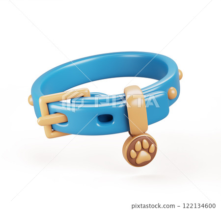 3d dog collar with paw print circle badge and clasp, blue pet accessory. Leather belt with footprint on brown medallion for domestic animal isolated design element Cartoon render icon. 3D illustration 122134600