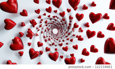 Spiraling Red Hearts in a 3D Abstract Render Creating a Dreamlike Depth of Field Effect 122134661
