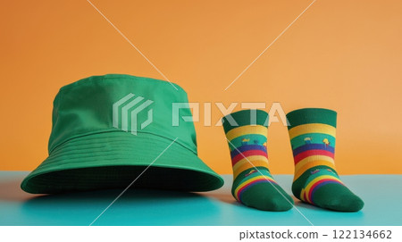 Bright Green Bucket Hat Beside Colorful Themed Socks on a Vibrant Background 122134662