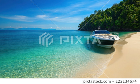 Luxurious Speedboat Anchored in a Secluded Paradise with Crystal Clear Water and Lush Greenery Luxurious Speedboat Anchored in a Secluded Paradise with Crystal Clear Water and Lush Greenery 122134674