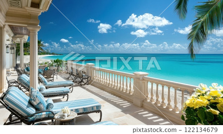 Serene Panoramic Ocean View from Luxury High-End Suite with Comfortable Loungers and Vibrant Tropical Setting 122134679