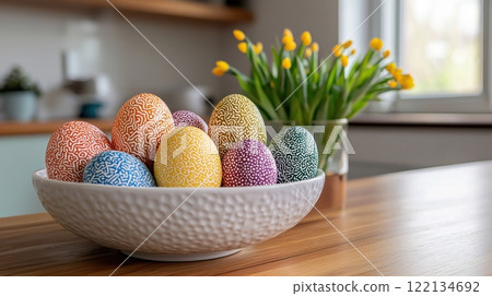 Eco-Friendly Abstract Design of Dyed Easter Eggs in a Bowl with Spring Flowers in a Modern Setting Eco-Friendly Abstract Design of Dyed Easter Eggs in a Bowl with Spring Flowers in a Modern Setting 122134692