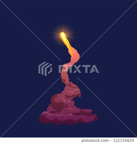 Cartoon rocket smoke flame curve trail, fireball launch, vector red plume spaceship missile launching gas or vapor trace 122134829
