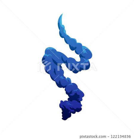 Cartoon rocket smoke flame curve trail, vector blue plume spaceship or missile launching gas vapor trace, exhaust steam 122134836