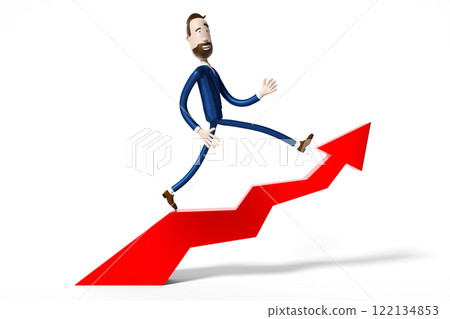 Handsome cartoon businessman and upwards arrow - financial growth, prosperity, success concept - 3D illustration 122134853