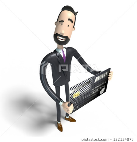 Handsome cartoon businessman holding credit card, white background - 3D illustration 122134873