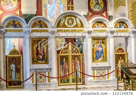 Belgrade, Serbia- 10162024: The Temple Of Saint Sava indoor interior, people pray in an Orthodox church, frescoes on the ceilings and walls of the church 122134876