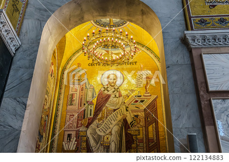 Belgrade, Serbia- 10162024: The Temple Of Saint Sava indoor interior, people pray in an Orthodox church, frescoes on the ceilings and walls of the church 122134883