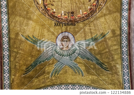Belgrade, Serbia- 10162024: The Temple Of Saint Sava indoor interior, people pray in an Orthodox church, frescoes on the ceilings and walls of the church 122134886