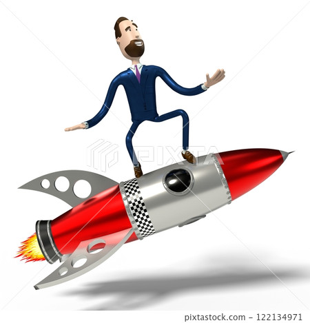 Handsome cartoon businessman riding on toy rocket, white background - 3D illustration Handsome cartoon businessman riding on toy rocket, white background - 3D illustration 122134971