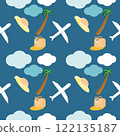 summer seamless concept with flat art cartoon design with plane and beach travel item with palm tree on blue background 122135187