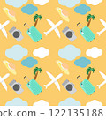summer seamless concept with flat art cartoon design with plane and beach travel item with palm tree on yellow background 122135188