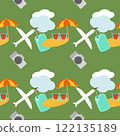 summer seamless concept with flat art cartoon design with plane and beach travel item with palm tree on green background 122135189