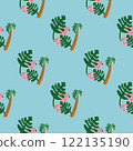 summer seamless concept with flat art cartoon design with tropical leaf and flamingo with palm tree on blue background 122135190