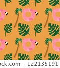summer seamless concept with flat art cartoon design with tropical leaf and flamingo with palm tree on orange background 122135191
