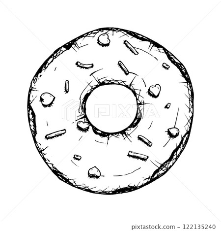 Vector sketch of a round donut with icing and sprinkles in the shape of a heart. Hand drawn with a liner, perfect for Valentine s Day designs, menus, packaging and branding. Romantic and sweet vibes 122135240