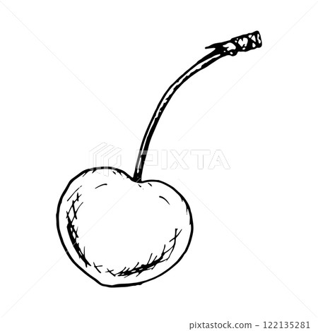 Elegant ink sketch of a single cherry with a stem, drawn in black and white style. Perfect for recipe designs, food labels, packaging, and decorative elements for cards, prints, and creative projects Elegant ink sketch of a single cherry with a stem, drawn in black and white style. Perfect for recipe designs, food labels, packaging, and decorative elements for cards, prints, and creative projects 122135281