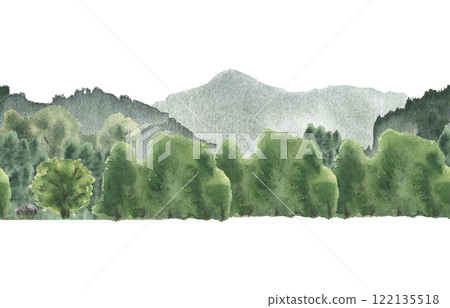 Woodland view lush greenery by watercolor seamless border isolated on white. Forest area and misty mountains hand drawn on repeated footer. Scenic landscape of greenery hills and dense foliage. Woodland view lush greenery by watercolor seamless border isolated on white. Forest area and misty mountains hand drawn on repeated footer. Scenic landscape of greenery hills and dense foliage. 122135518