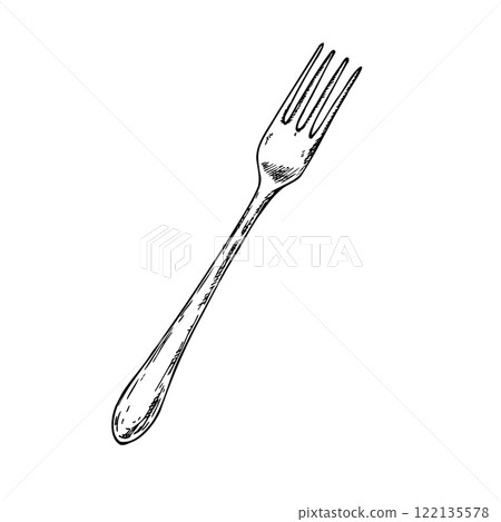Vector fork. Graphic vintage kitchen tool illustration isolated on background. Hand drawn line sketch. For kitchen restaurant and table set up. concern to plastic conservative recycle items and one 122135578