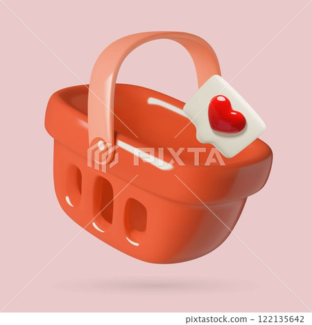 Red plastic shopping basket 3d vector icon and cute speech bubble with like sign Red plastic shopping basket 3d vector icon and cute speech bubble with like sign 122135642
