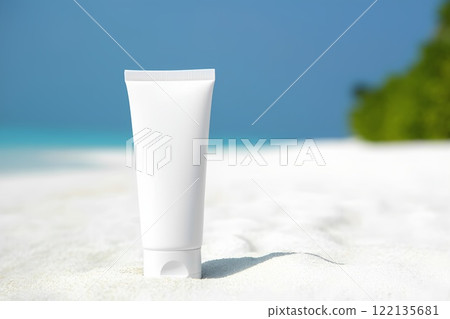 On left side of image white cosmetics cream tube without labels 122135681
