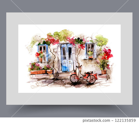 Red motorcycle is parked near city building decorated with plants on print. Watercolor artwork Red motorcycle is parked near city building decorated with plants on print. Watercolor artwork 122135859
