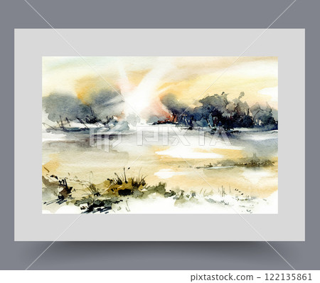 Idyllic landscape with wildlife and sunrise over river, on spring morning, in watercolor painting Idyllic landscape with wildlife and sunrise over river, on spring morning, in watercolor painting 122135861