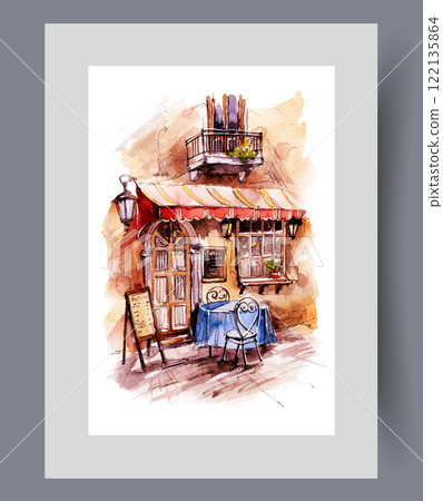 Street cafe with table at entrance to building with rag canopy on poster. Watercolor artwork 122135864