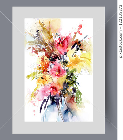 Bright fragrant flowers presented to woman in glass vase with water on poster. Watercolor artwork 122135872