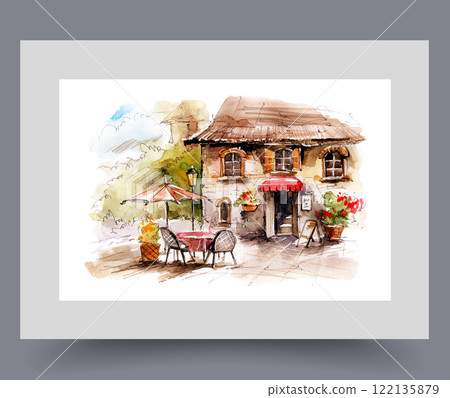 Entrance to cafe near table with umbrella in two-story building on wall art. Watercolor artwork Entrance to cafe near table with umbrella in two-story building on wall art. Watercolor artwork 122135879