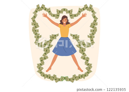 Rich woman with silhouette of angel and made of money, bathes in banknotes and enjoys luxury 122135935