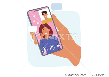 Digital dating in mobile phone application, between woman and man using video chat 122135946