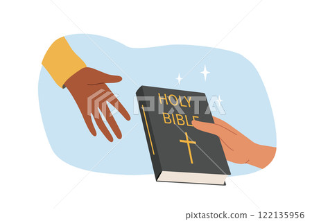 Holy bible in hand believer handing over book of prayers or gospel to another person for salvation Holy bible in hand believer handing over book of prayers or gospel to another person for salvation 122135956