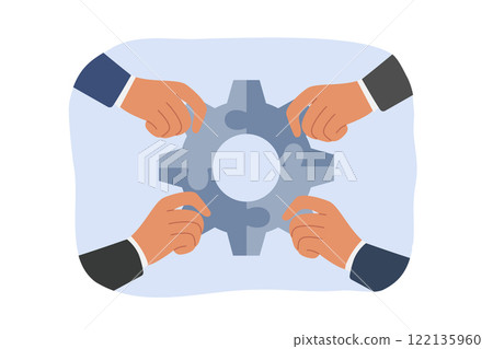 Synergy of business people holding fragments of mechanism in hands, and connecting gear 122135960