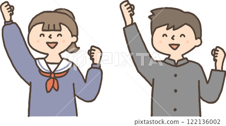 穿著校服的男人和女人做握拳動作 穿著校服的男人和女人做握拳動作 122136002