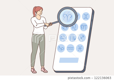 Woman uses mobile application with horoscope on phone, choosing own zodiac sign to find out forecast Woman uses mobile application with horoscope on phone, choosing own zodiac sign to find out forecast 122136063