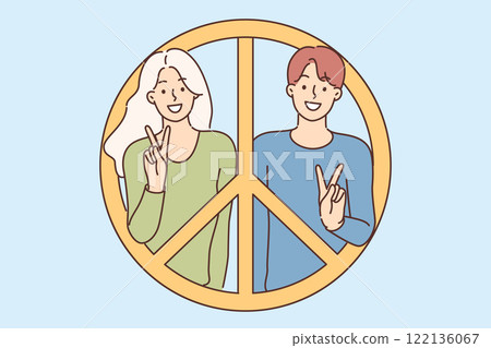 Pacific symbol with smiling man and woman campaigning for no war or world peace. 122136067