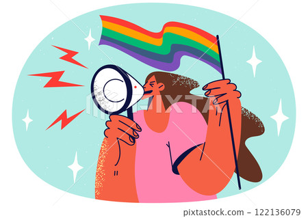 Woman with LGBT flag scream in megaphone 122136079