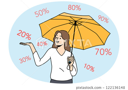 Shopaholic woman stands among numbers symbolizing size discount in store and holds umbrella in hand Shopaholic woman stands among numbers symbolizing size discount in store and holds umbrella in hand 122136148