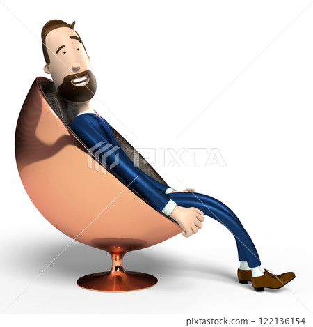 Handsome cartoon businessman sitting in shiny egg/ ball chair - 3D illustration Handsome cartoon businessman sitting in shiny egg/ ball chair - 3D illustration 122136154
