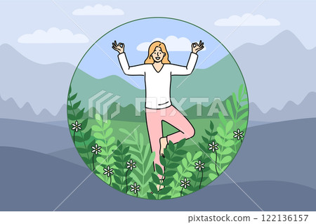 Introverted woman meditates and feels comfortable being safe inside bubble with green plants 122136157