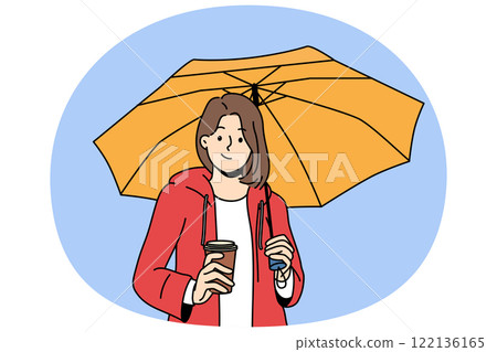 Woman holds plastic cup with coffee takeouts and umbrella protecting from rain during autumn walk Woman holds plastic cup with coffee takeouts and umbrella protecting from rain during autumn walk 122136165