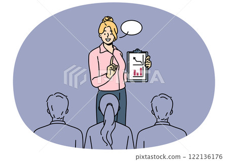 Successful business woman speaks at presentation showing clipboard with growing financial graphs Successful business woman speaks at presentation showing clipboard with growing financial graphs 122136176